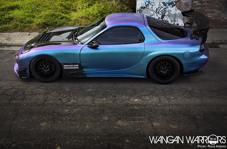blue and purple convertible fastback car, rx7, Mazda, Wangan Warriors