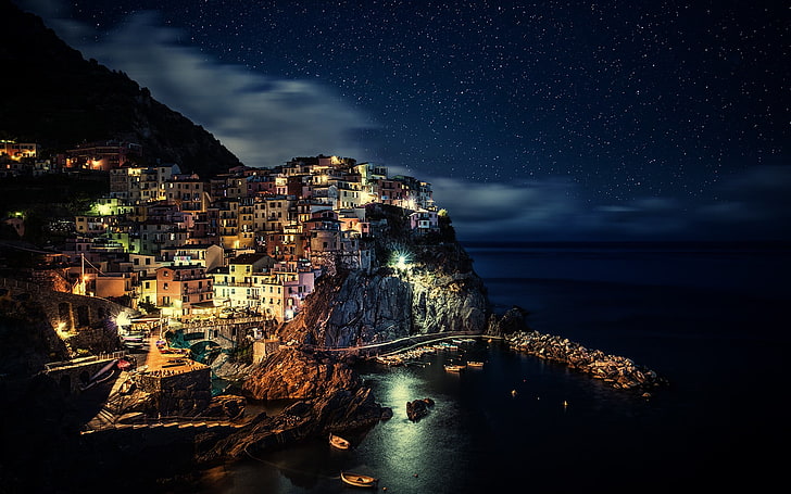 nature, landscape, Italy, Manarola, town, city lights, starry night, HD wallpaper