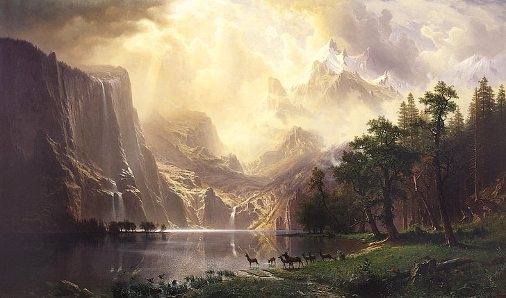 body of water near mountain and trees painting, landscape photo of lake between mountain and trees painting