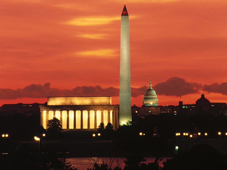 Washington, D.C., monument, Obelisk, city, building, dusk, architecture, HD wallpaper