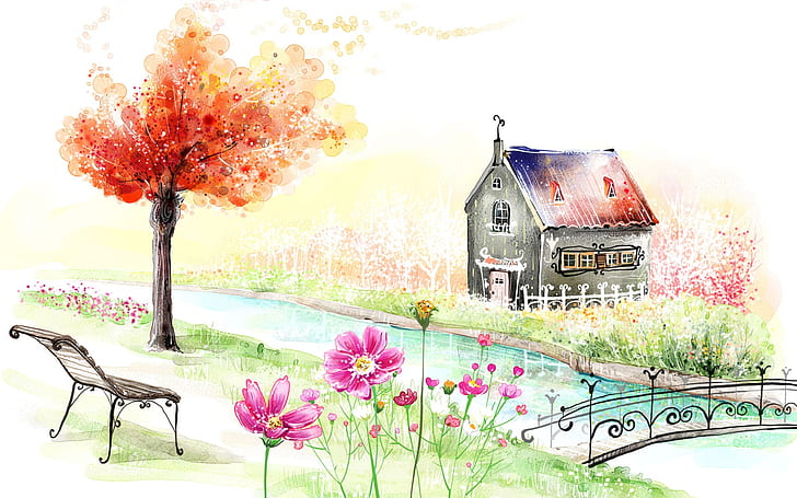 HD wallpaper: Spring garden house beautiful painting | Wallpaper Flare