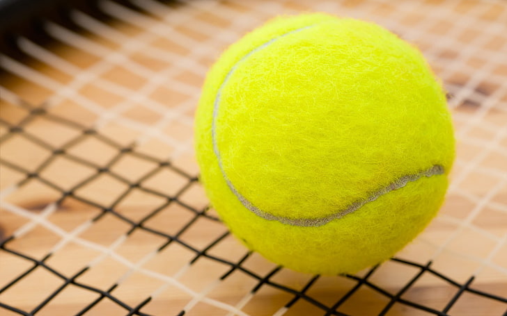 yellow tennis ball, sports, equipment, racket, activity, close-up, HD wallpaper