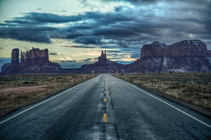 United States, Arizona, Utah, sky, twilight, clouds, roads, signs