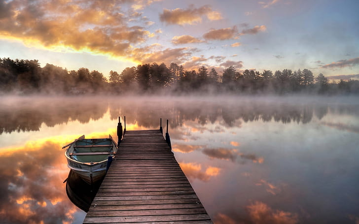 Lake, morning, fog, bridge, boat, trees, sunrise