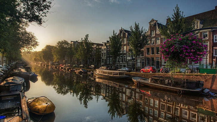 1920x1080 px Amsterdam architecture boat building city Netherlands reflection river Trees water Anime Macross HD Art, HD wallpaper
