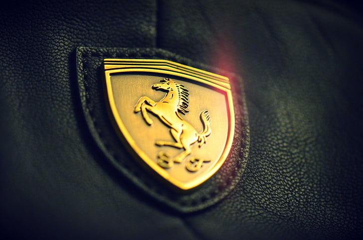 gold Ferrari emblem, macro, logo, leather, close-up, indoors