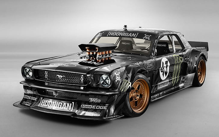 1965 Ken Block Ford Mustang Hoonicorn RTR, black and white ford mustang, HD wallpaper