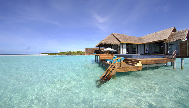 brown and white house, maldives, tropical, bungalows, vacations
