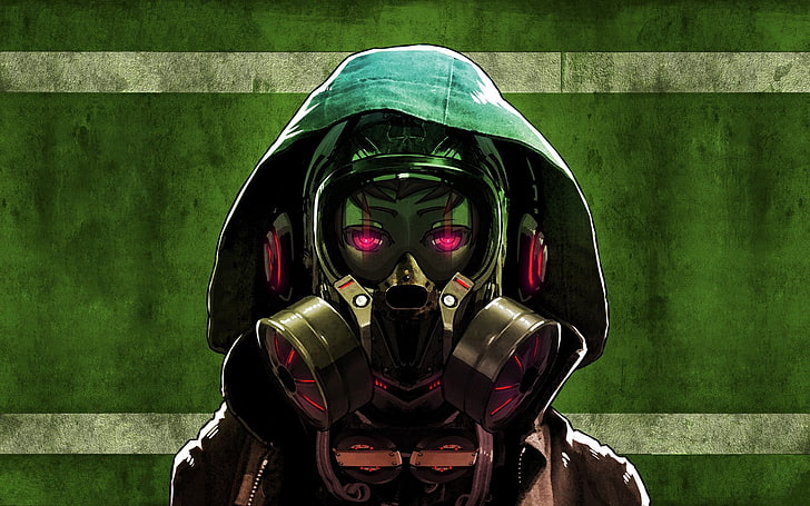 person wearing hoodie and gas mask vector art, anime, anime girls