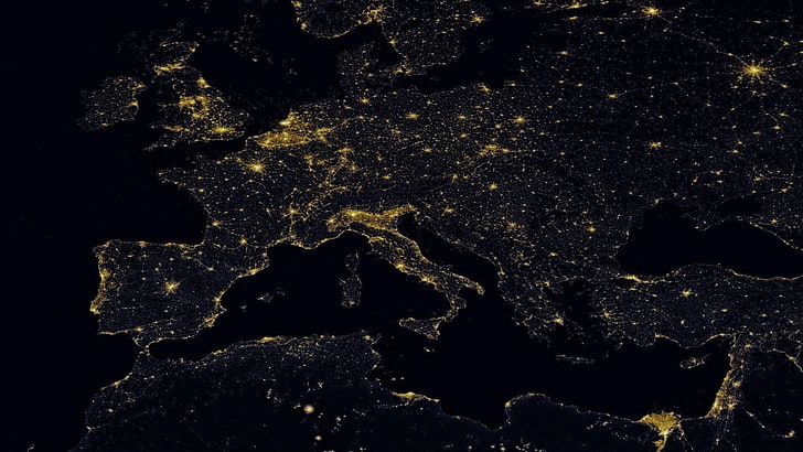 map night europe, space, nature, backgrounds, no people, gold colored, HD wallpaper