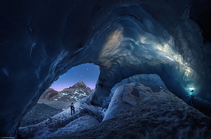 ice cave, nature, landscape, mountains, night, stars, winter, HD wallpaper