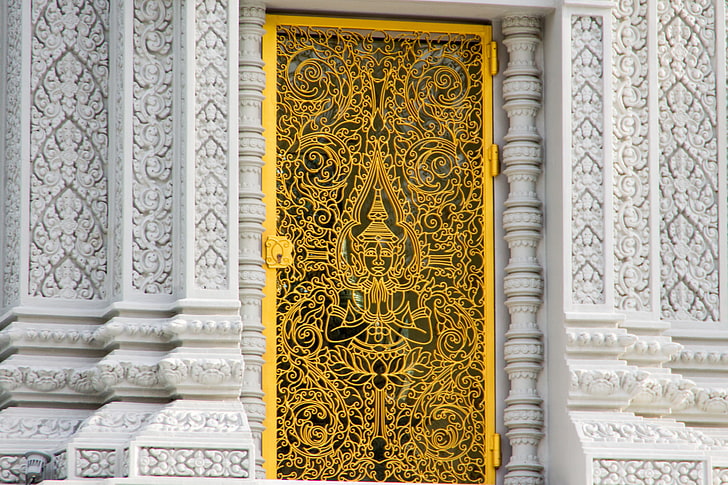 yellow metal door gate, Cambodia, Hinduism, gods, Asian architecture