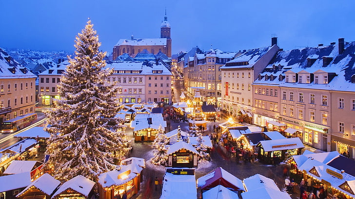 white concrete houses, germany, markets, area, christmas, winter