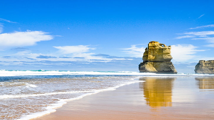 seashore, beach, rock formation, Australia, waves, coast, water, HD wallpaper