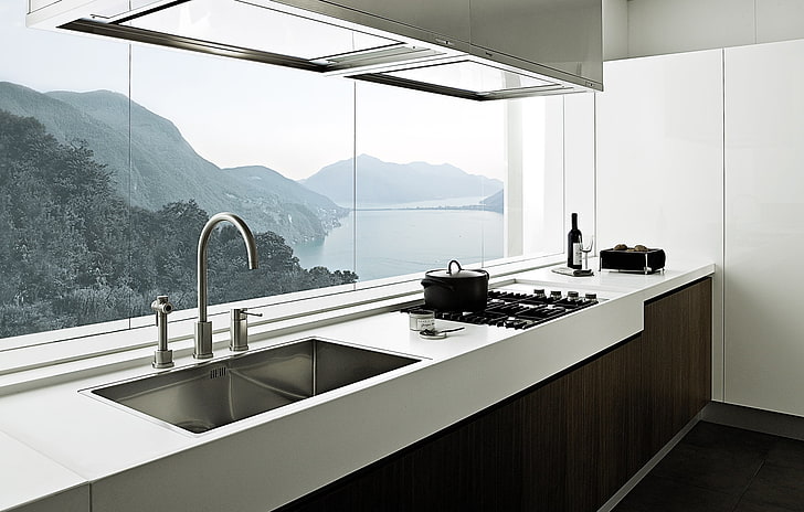gray faucet, kitchen furniture, sink, table, interior, home, domestic room