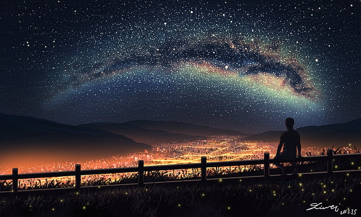 anime boy, scenic, landscape, cityscape, night, stars, sky