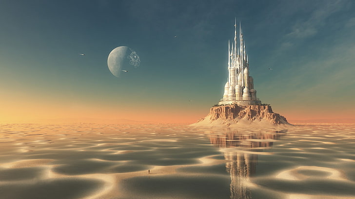 white castle game poster, fantasy art, science fiction, sky, moon
