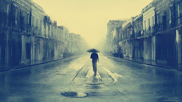 person walking on the street holding umbrella wallpaper, loneliness, HD wallpaper