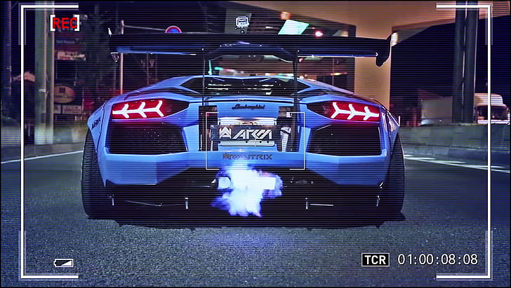 Lamborghini Aventador, car, blue flames, camera, night, cityscape, HD wallpaper