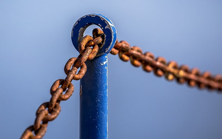 rust, chains, blue, metal, strength, no people, connection