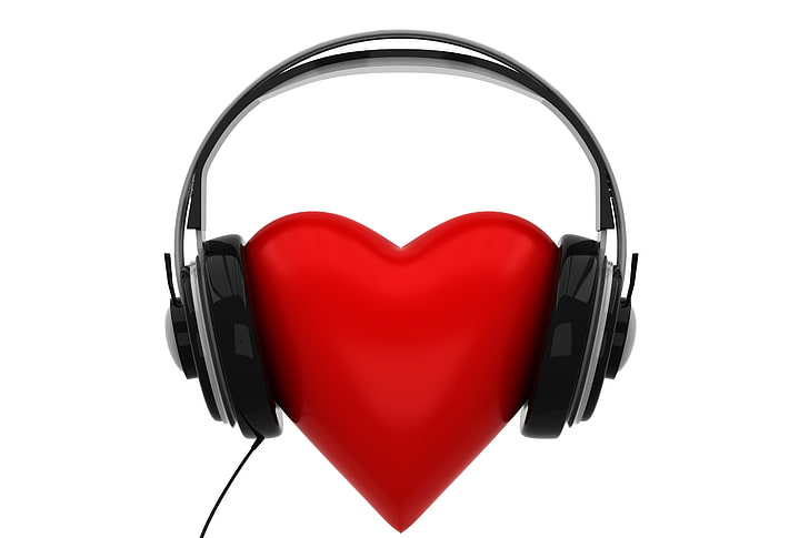 black corded headphones and red heart, listening, isolated, equipment, HD wallpaper