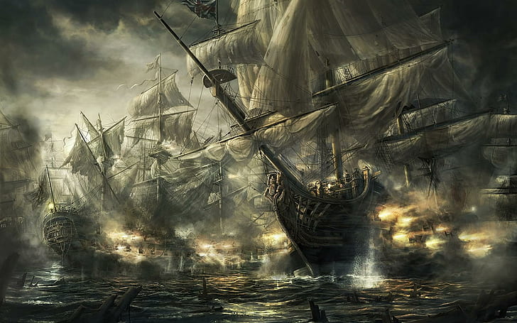 Pirate Ship Battle, gray galleon ships illustration, wreck, enemy