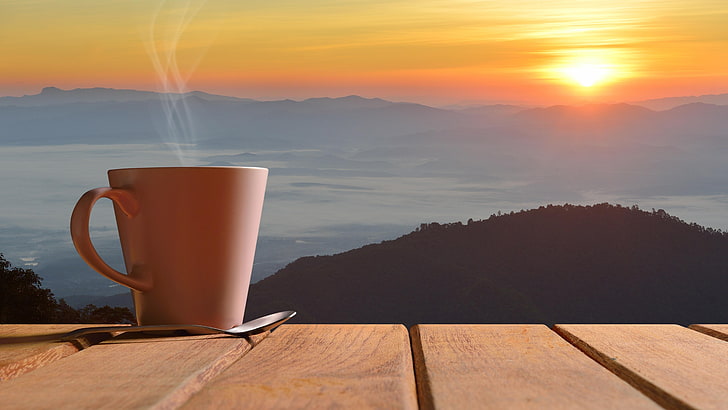 HD wallpaper: coffee, morning, sunrise, dawn, coffee cup, panorama, view |  Wallpaper Flare