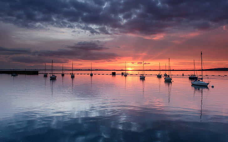 United Kingdom, England, sea, boats, yachts, evening sunset, clouds, HD wallpaper