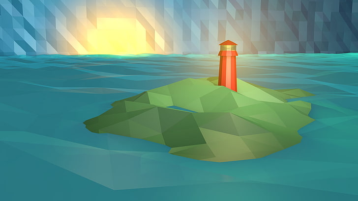 red lighthouse illustration, low poly, digital art, swimming pool