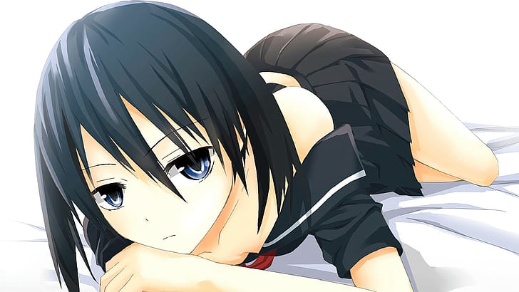 in bed, anime, brunette, short hair, Kurome, looking at viewer