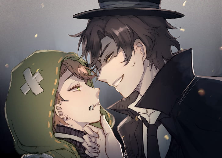 Identity V, tie, Yaoi, Male, top hat, brunette, smiling, curly hair
