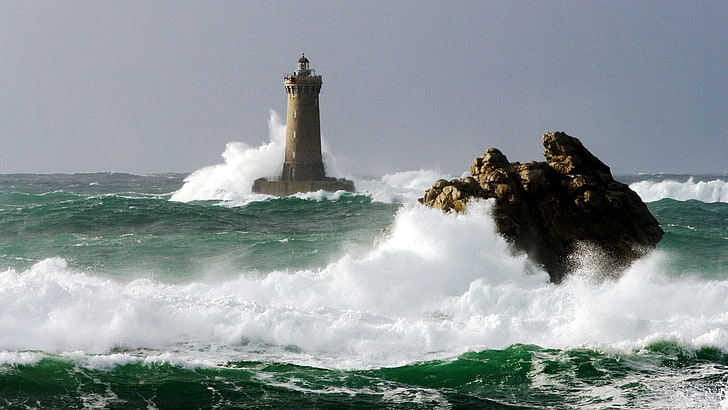 brown concrete lighthouse, beacon, storm, index, rocks, sea, storming