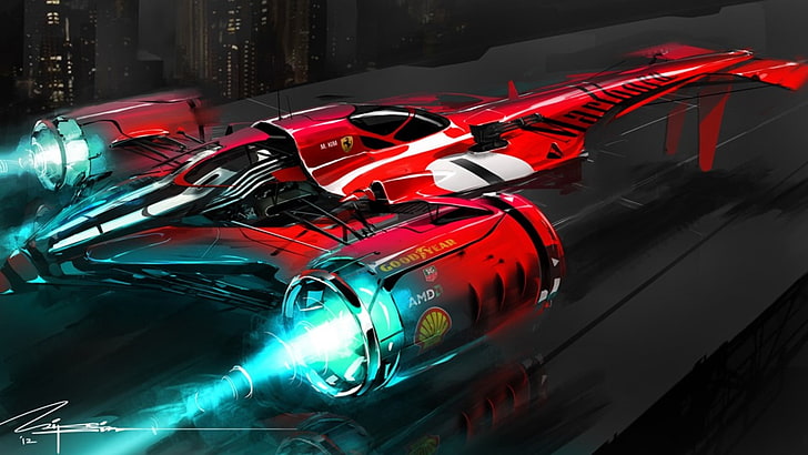 red and blue plane, fantasy art, Ferrari, science fiction, vehicle