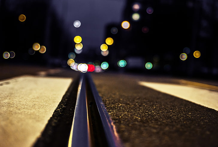 bokeh photography of road, low angle photography of road with bokeh lights background