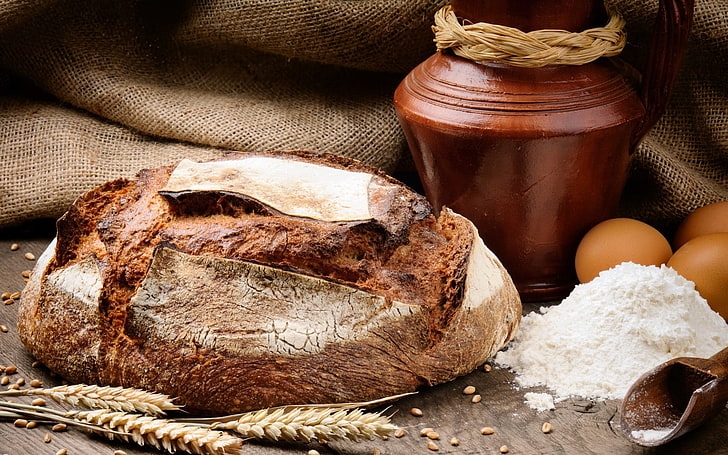 baked bread, table, cereals, jug, eggs, flour, food, loaf of Bread