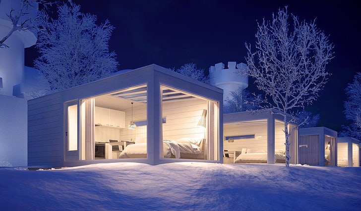 modern, architecture, nature, landscape, winter, snow, night