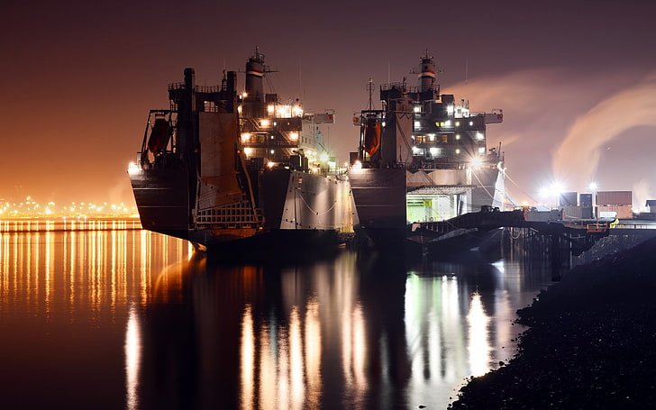 container ship, vehicle, shipping, nightscape, transport, water