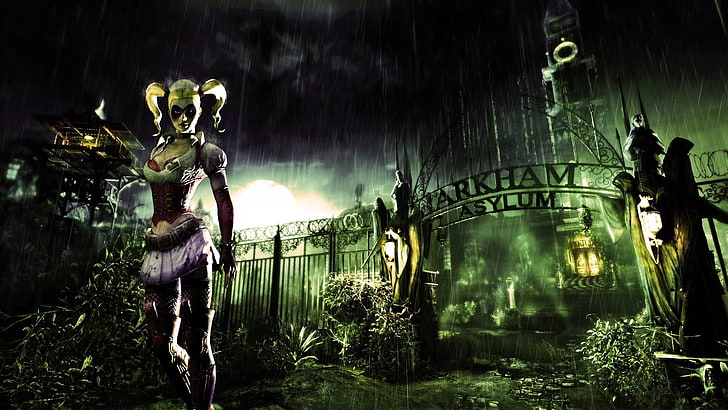 Harley Quinn standing near Arkham Asylum digital wallpaper, video games