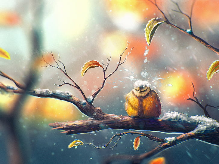 birds, Sylar, leaves, titmouse, nature, snow, fall, winter, HD wallpaper