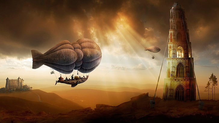 airshift balloon near castle painting, digital art, fantasy art, HD wallpaper