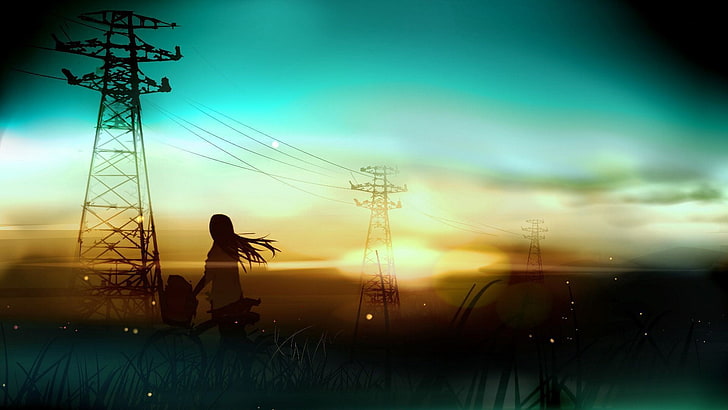 woman riding bicycle illustration, anime, artwork, sunset, anime girls, HD wallpaper