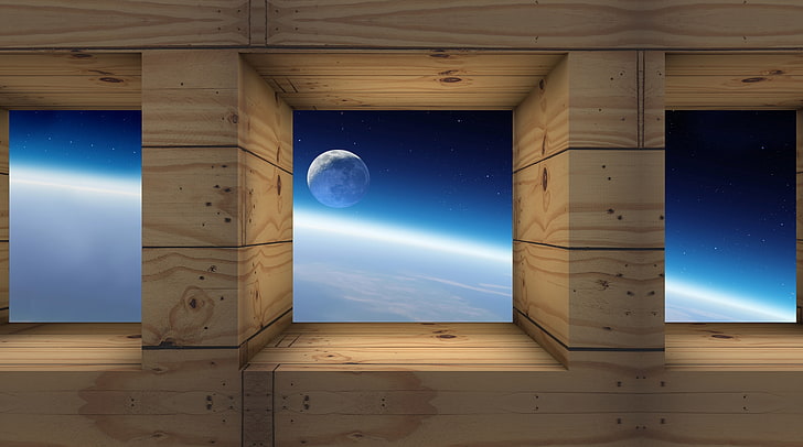 Moon and Earth View from Space, galaxy graphic artwork, Planet, HD wallpaper