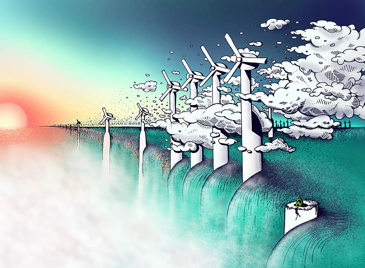 green and white tree painting, artwork, wind turbine, clouds