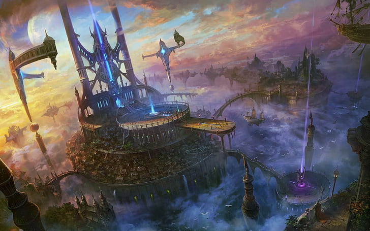 Futuristic kingdom, brown temple and air ships, fantasy, 1920x1200
