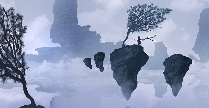 bare tree silhouette, fantasy art, mountains, mist, samurai, floating