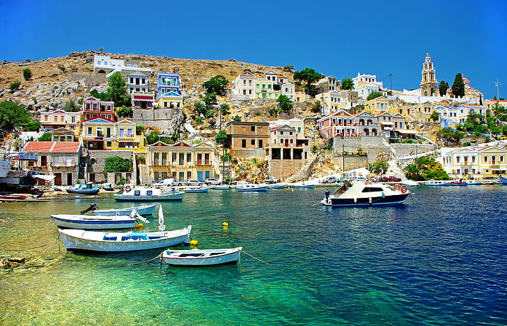 boats, cities, corfu, greece, houses, sea