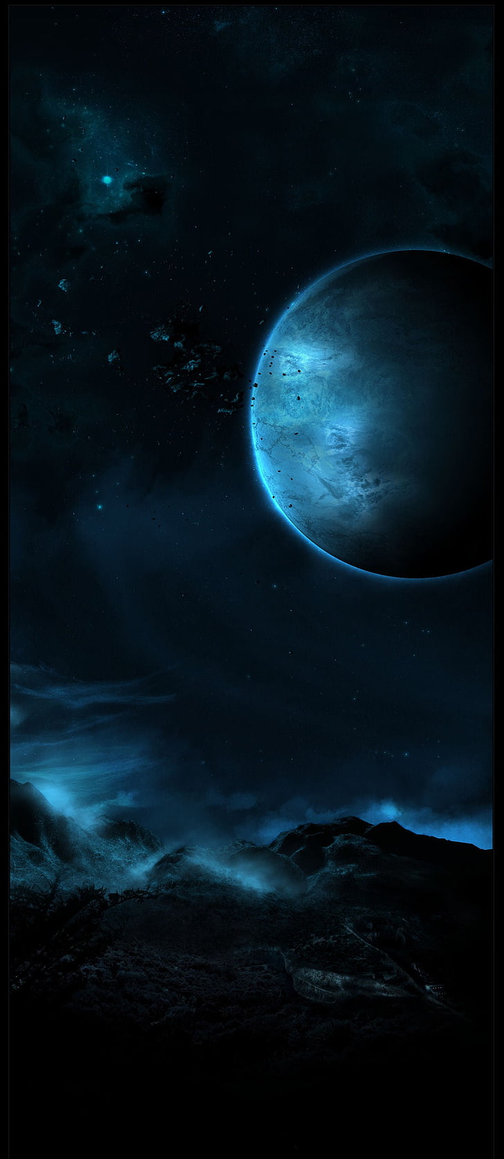 mountain and full moon wallpaper, space, planet, space art, artwork