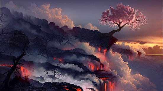HD wallpaper: sunset landscapes cherry blossoms trees sea volcanoes lava  smoke rocks artwork drawings 1920x1080 Nature Sunsets HD Art | Wallpaper  Flare