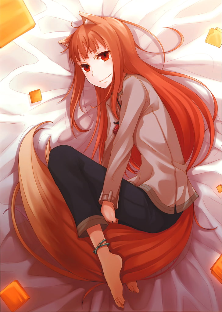 Spice and Wolf, anime girls, Holo, long hair, red eyes, women