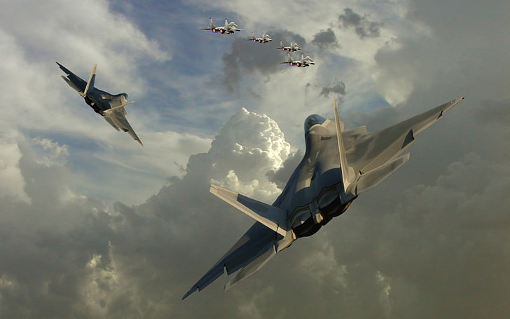 military aircraft, sky, F-22 Raptor, F-15, flying, air vehicle, HD wallpaper